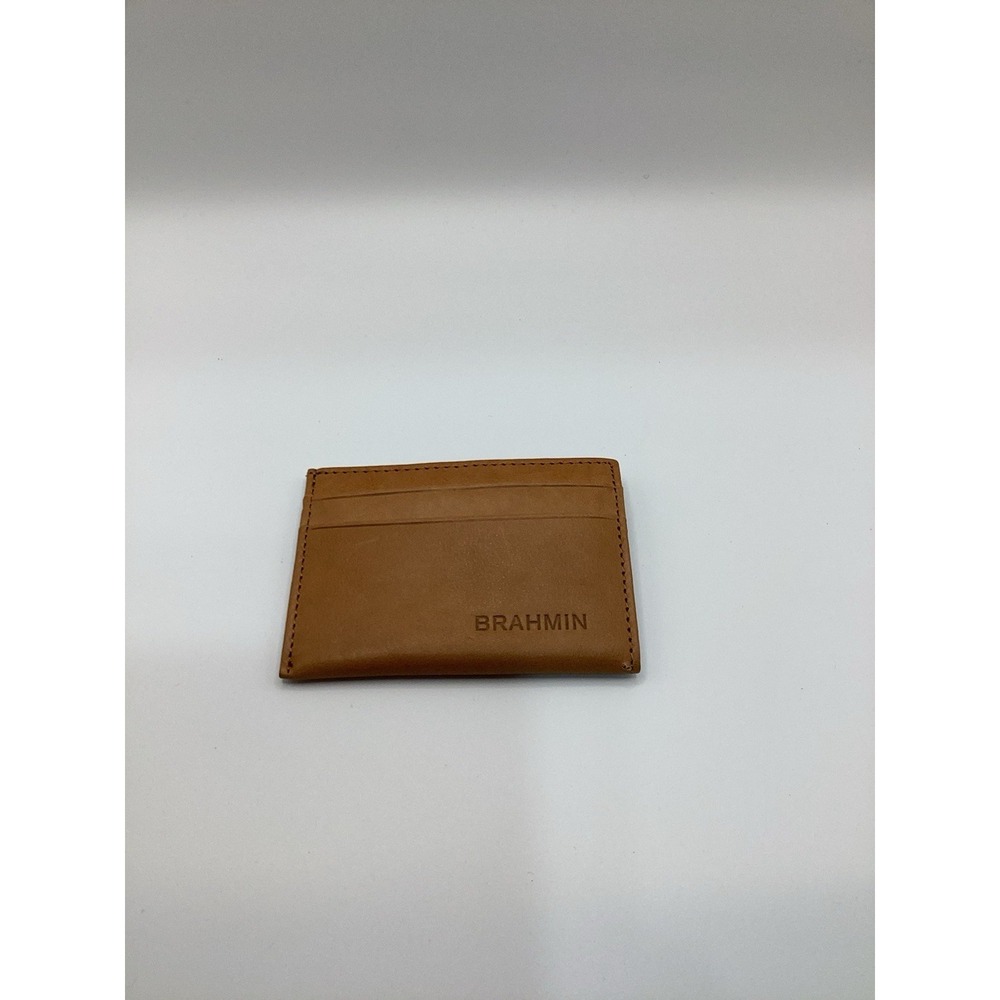 Brahmin Tan Leather Slim Card Case Wallet with ID Window and Logo Lining
